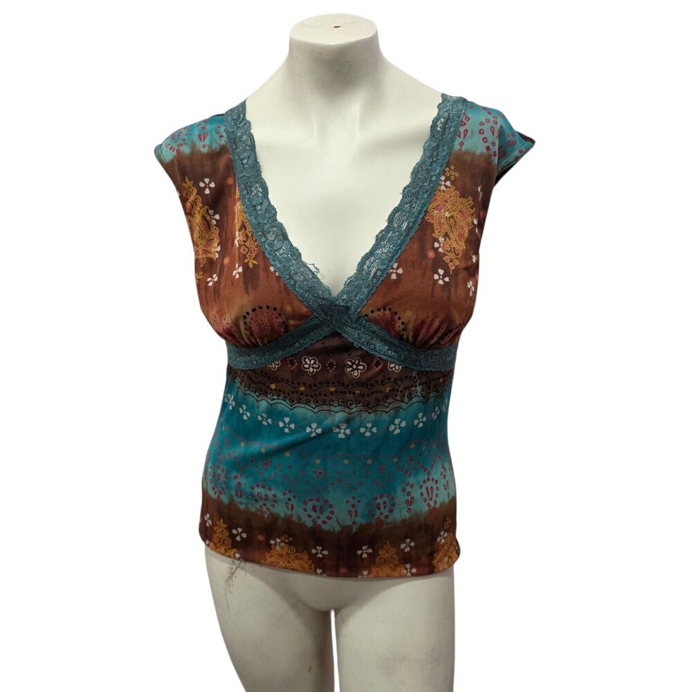 Wrapper Boho Lace Trim Paisley Top Teal Brown Y2K Cap Sleeve Women XL